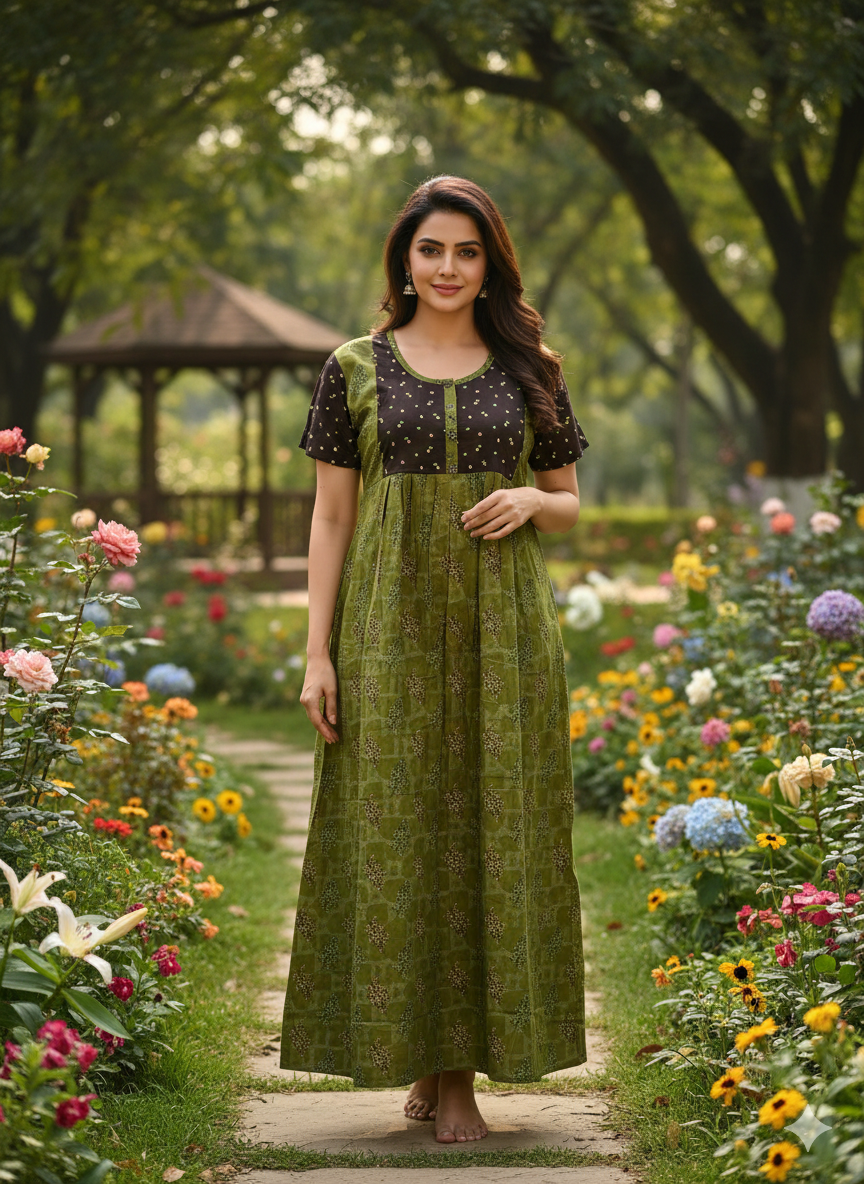 XXL without buff sleeve frock nighty green