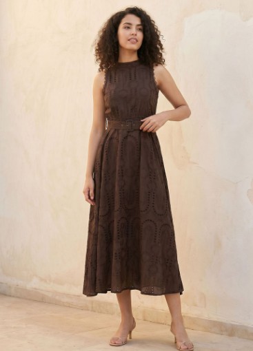 Splash Youth Schiffli Embroidered A-Line Cotton Dress with Lace Inserts