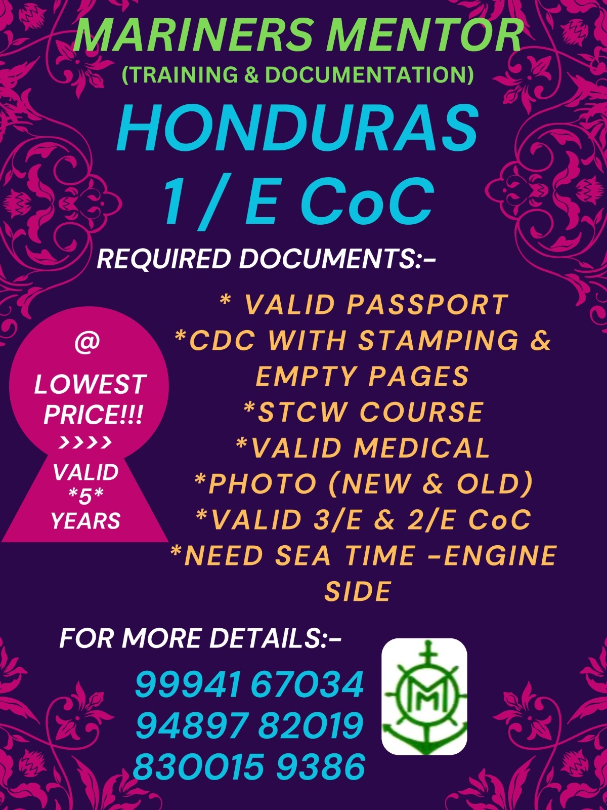 Honduras 1st Engineer COC - Mariners Mentor