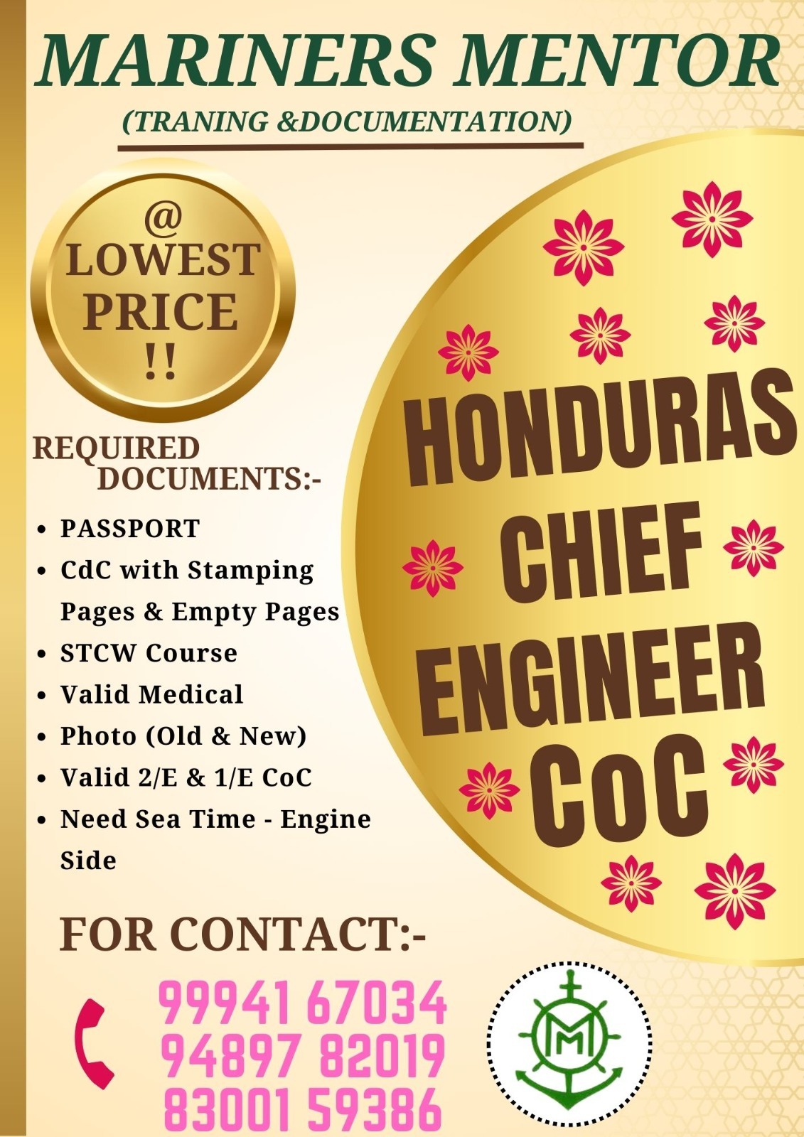 Honduras Chief Engineer COC - Mariners Mentor